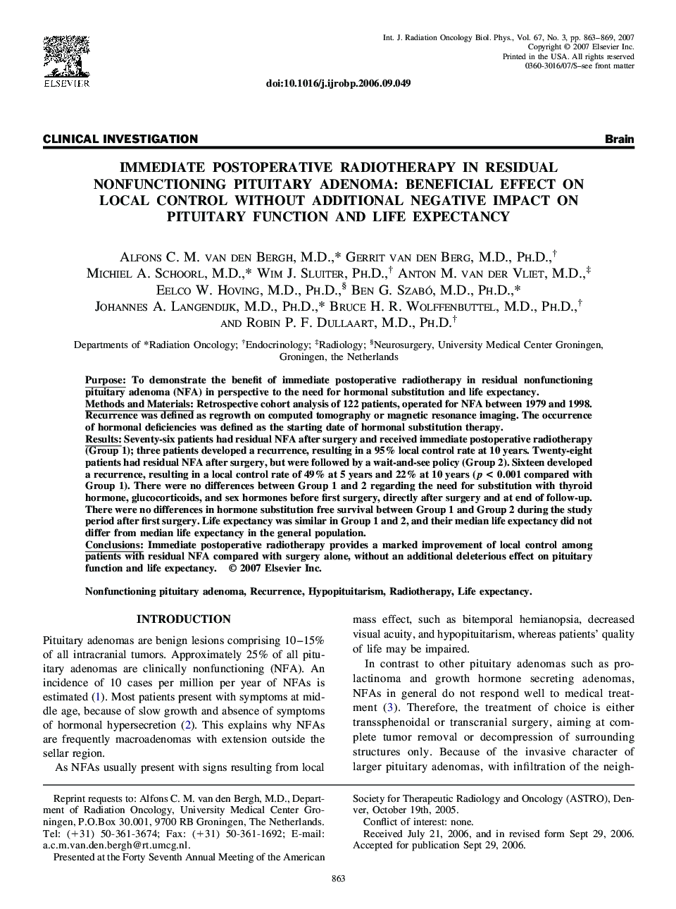 Immediate postoperative radiotherapy in residual nonfunctioning pituitary adenoma: Beneficial effect on local control without additional negative impact on pituitary function and life expectancy