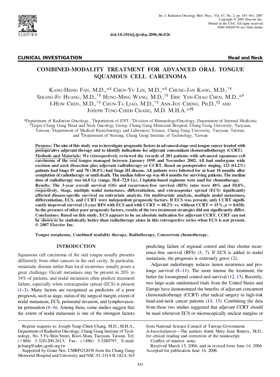 Combined-modality treatment for advanced oral tongue squamous cell carcinoma