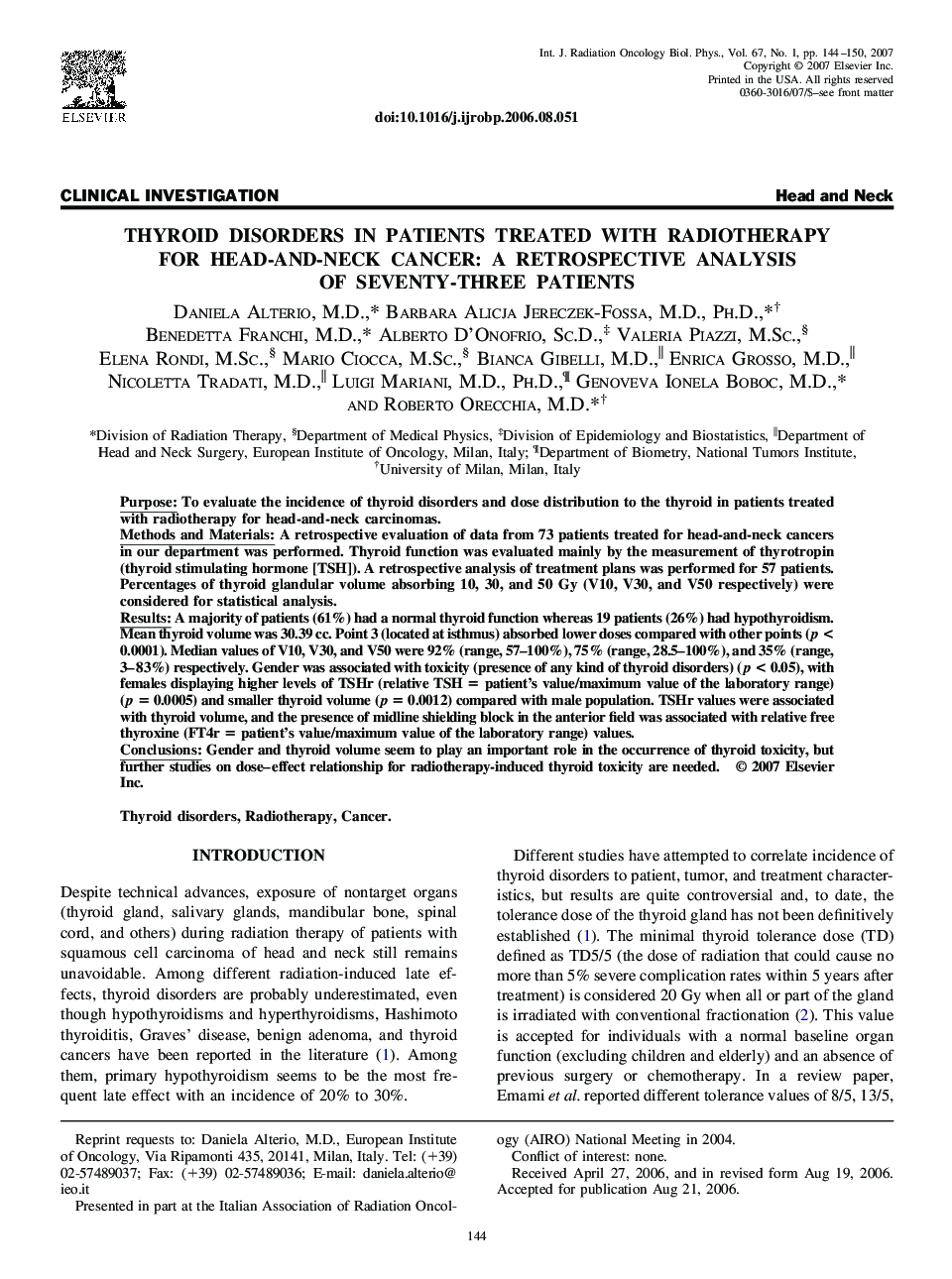 Thyroid disorders in patients treated with radiotherapy for head-and-neck cancer: A retrospective analysis of seventy-three patients