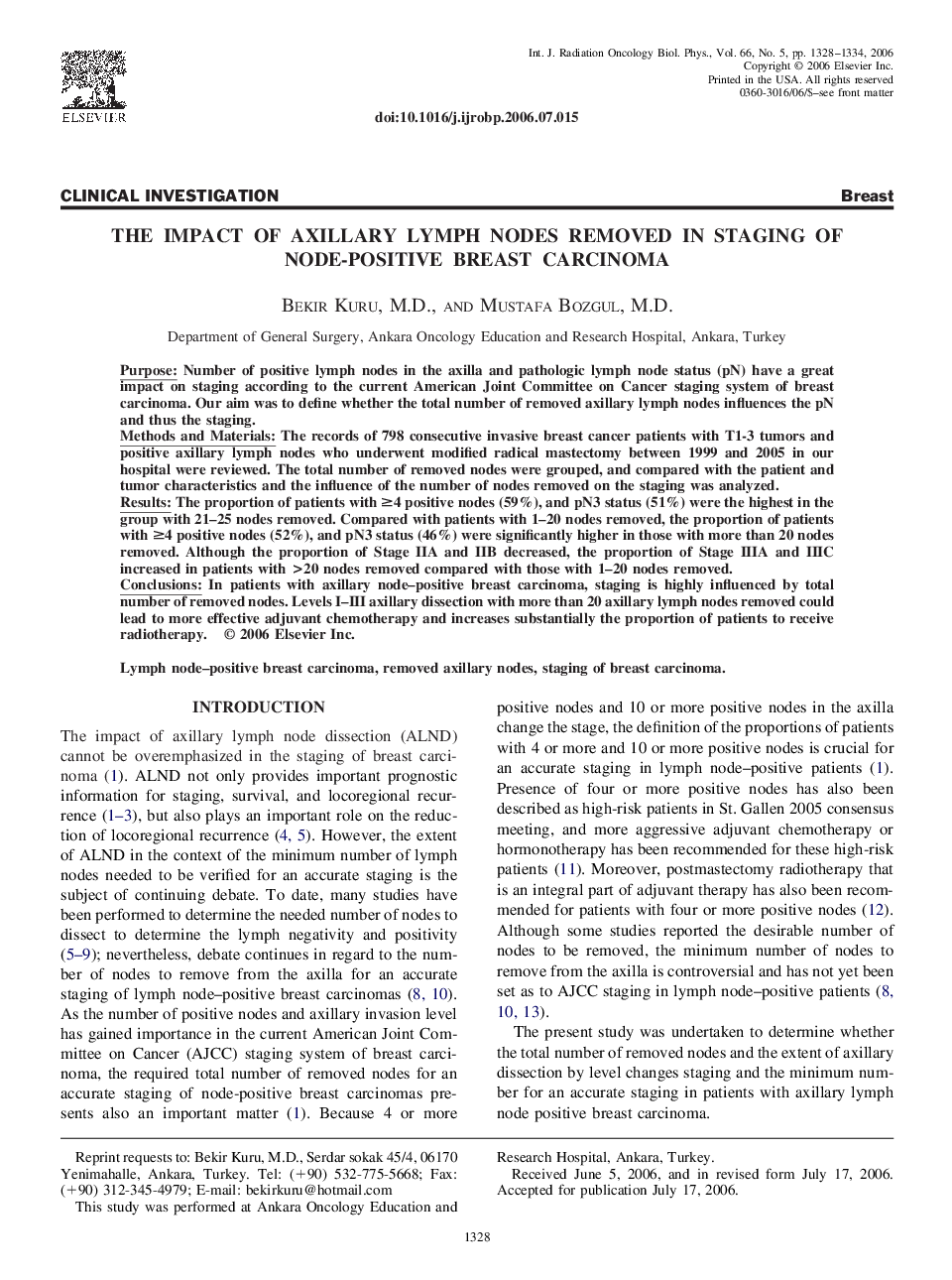عکس صفحه اول مقاله: The impact of axillary lymph nodes removed in staging of node-positive breast carcinoma The impact of axillary lymph nodes removed in staging of node-positive breast carcinoma