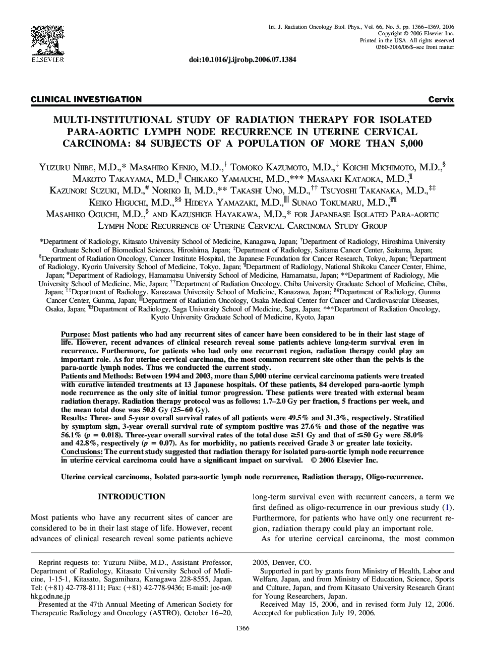 Multi-institutional study of radiation therapy for isolated para-aortic lymph node recurrence in uterine cervical carcinoma: 84 subjects of a population of more than 5,000