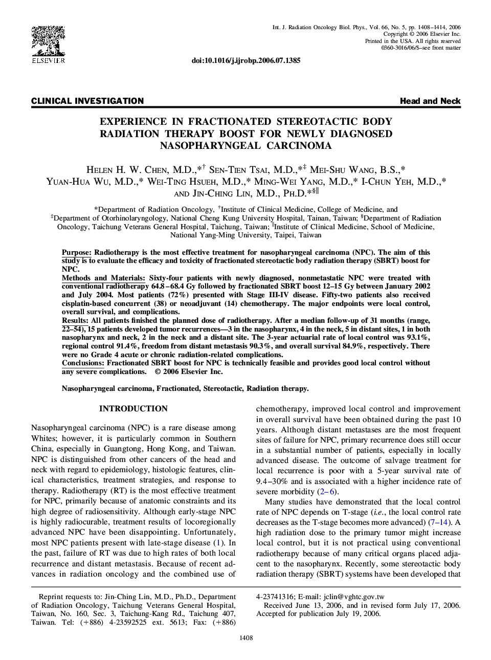 عکس صفحه اول مقاله: Experience in fractionated stereotactic body radiation therapy boost for newly diagnosed nasopharyngeal carcinoma Experience in fractionated stereotactic body radiation therapy boost for newly diagnosed nasopharyngeal carcinoma