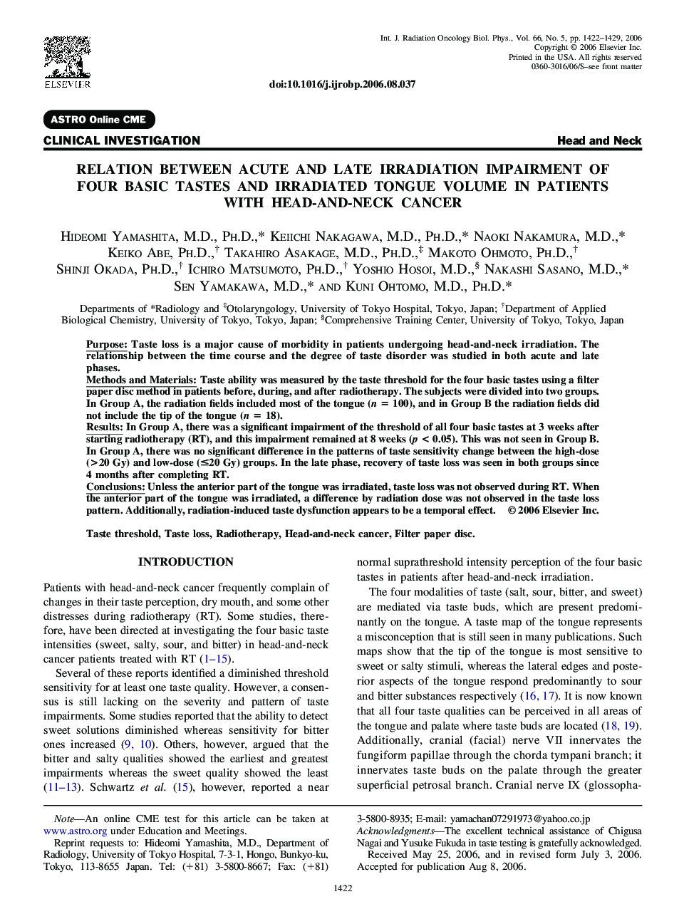 Relation between acute and late irradiation impairment of four basic tastes and irradiated tongue volume in patients with head-and-neck cancer