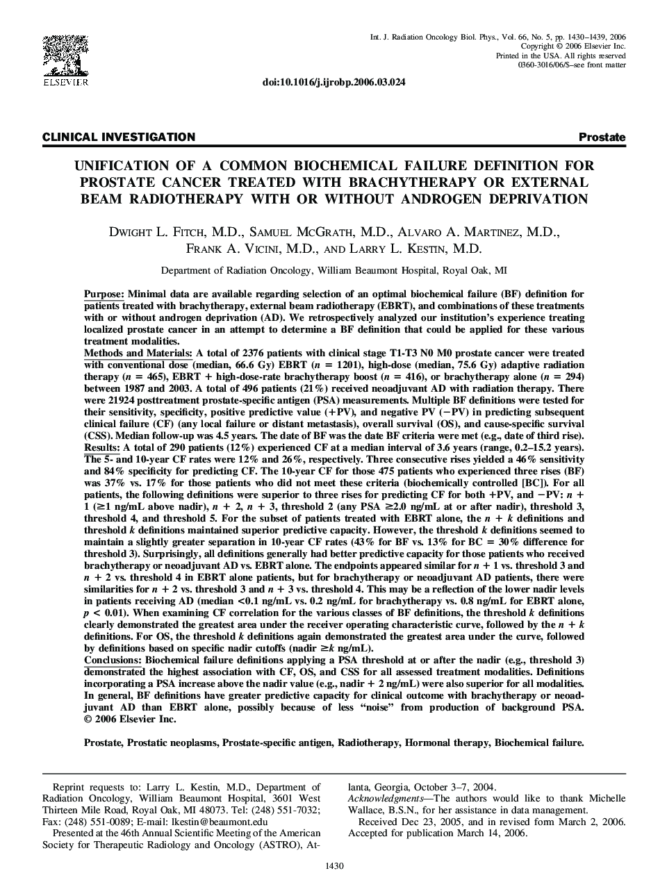 Unification of a common biochemical failure definition for prostate cancer treated with brachytherapy or external beam radiotherapy with or without androgen deprivation