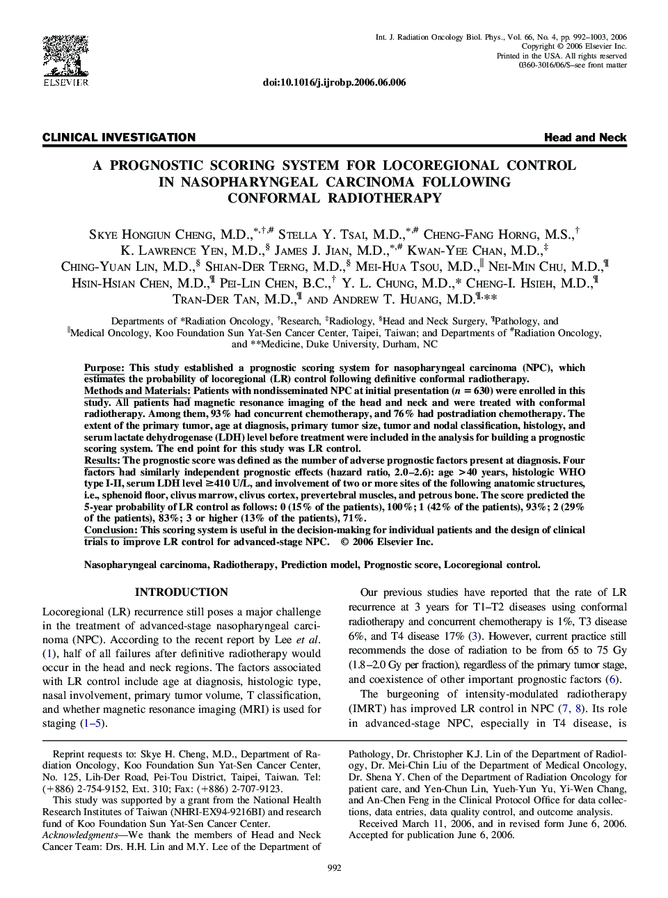 A prognostic scoring system for locoregional control in nasopharyngeal carcinoma following conformal radiotherapy