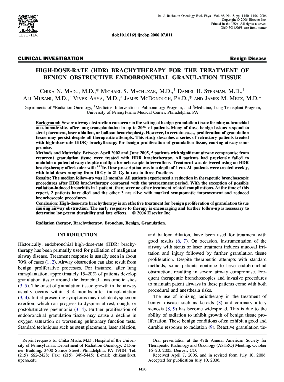 High-dose-rate (HDR) brachytherapy for the treatment of benign obstructive endobronchial granulation tissue