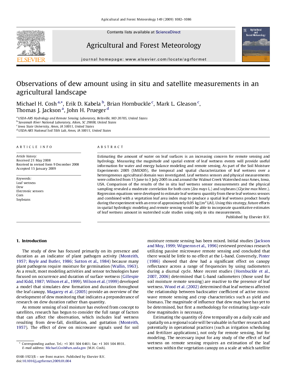 Observations of dew amount using in situ and satellite measurements in an agricultural landscape