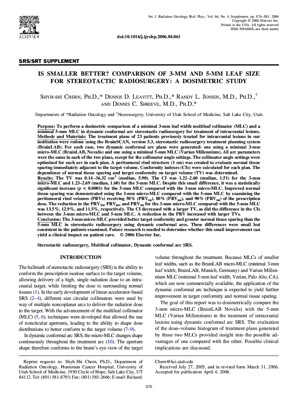 Is smaller better? Comparison of 3-mm and 5-mm leaf size for stereotactic radiosurgery: A dosimetric study