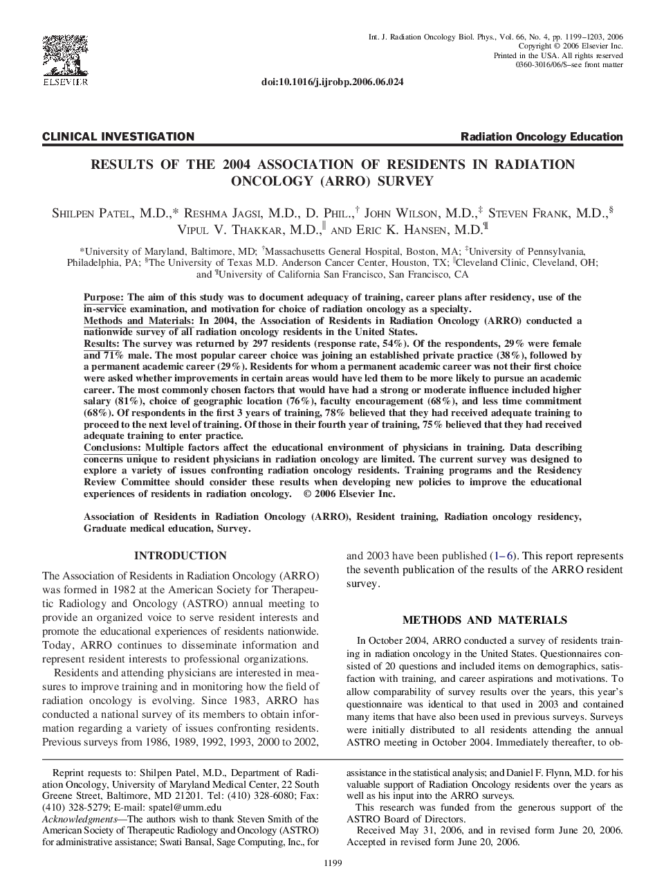 Results of the 2004 Association of Residents in Radiation Oncology (ARRO) Survey