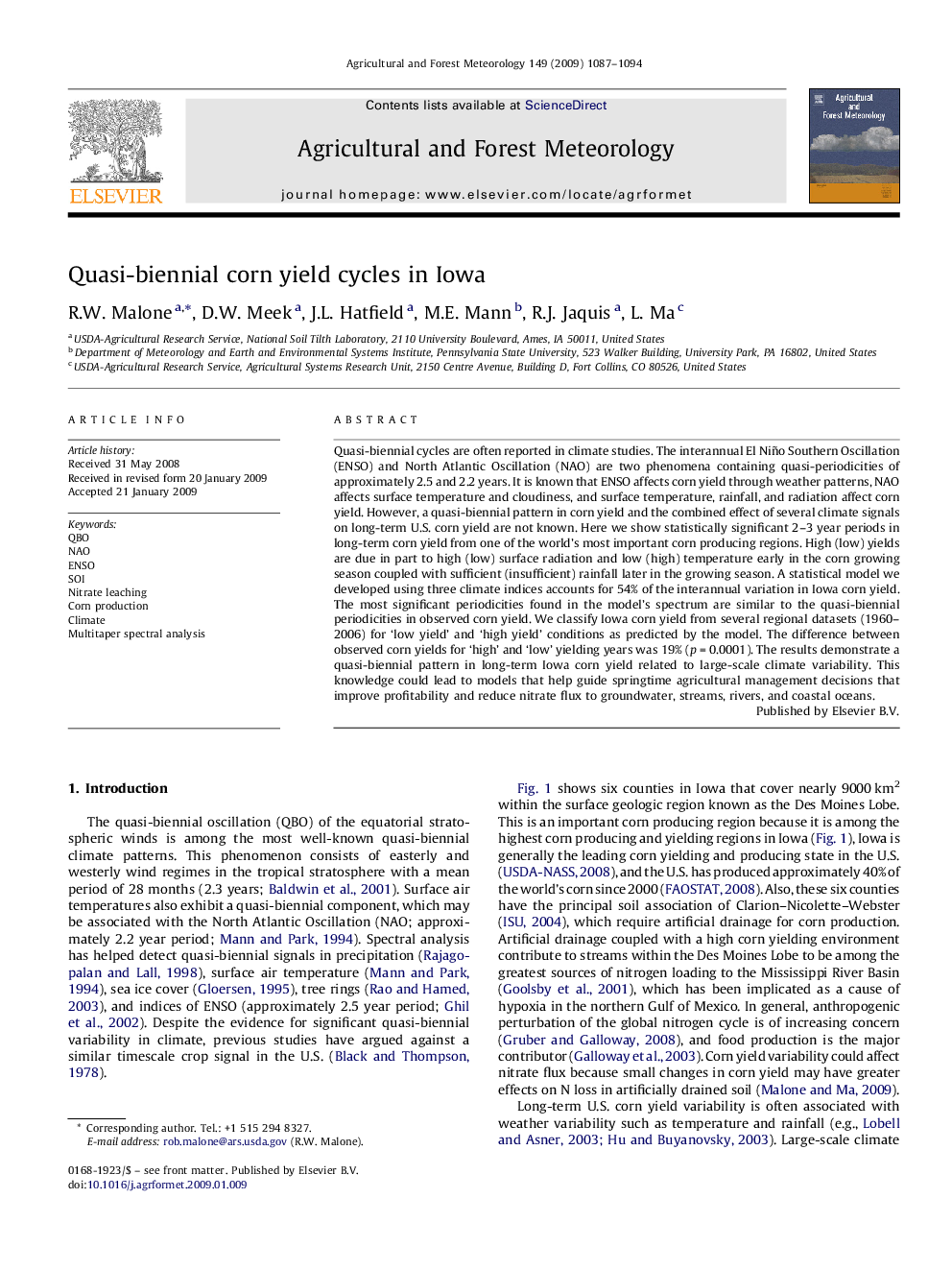 Quasi-biennial corn yield cycles in Iowa