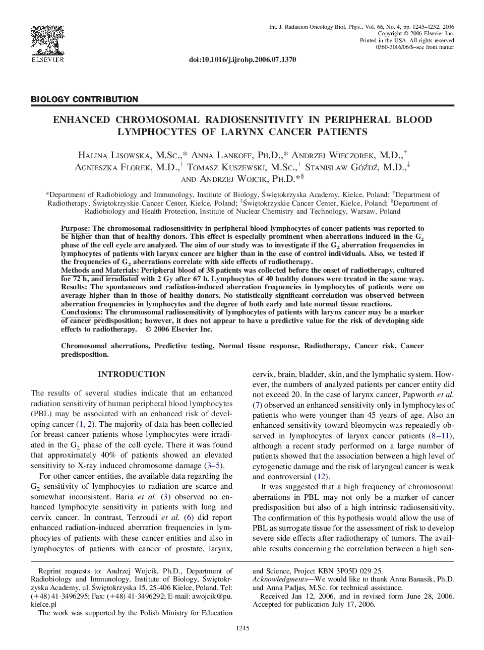 Enhanced chromosomal radiosensitivity in peripheral blood lymphocytes of larynx cancer patients