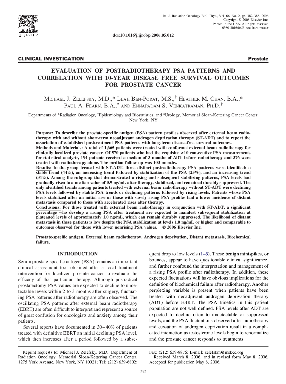 Evaluation of postradiotherapy PSA patterns and correlation with 10-year disease free survival outcomes for prostate cancer