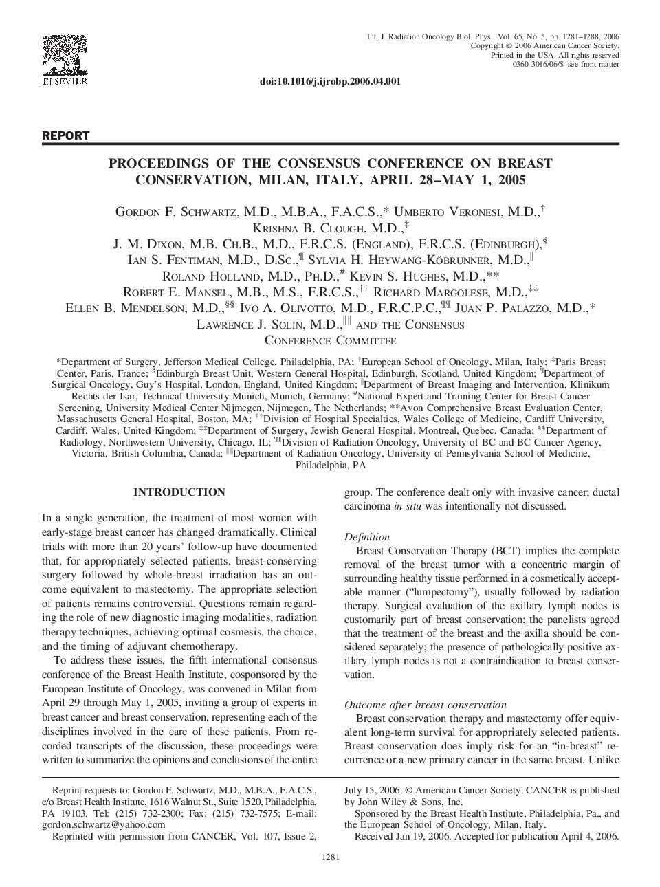 عکس صفحه اول مقاله: Proceedings of the consensus conference on Breast Conservation, Milan, Italy, April 28-May 1, 2005 Proceedings of the consensus conference on Breast Conservation, Milan, Italy, April 28-May 1, 2005