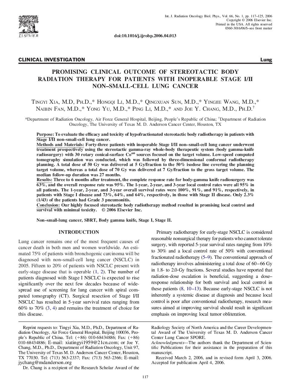 Promising clinical outcome of stereotactic body radiation therapy for patients with inoperable Stage I/II non-small-cell lung cancer