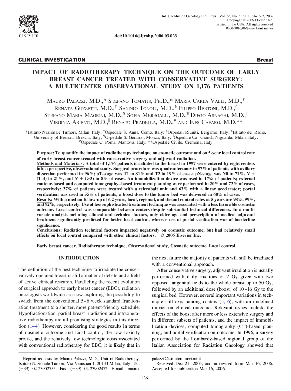 Impact of radiotherapy technique on the outcome of early breast cancer treated with conservative surgery: A multicenter observational study on 1,176 patients