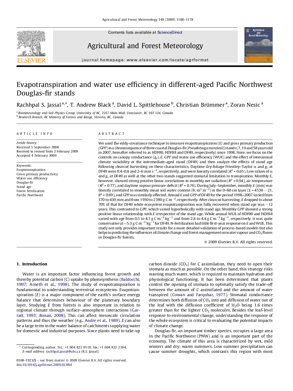 Evapotranspiration and water use efficiency in different-aged Pacific Northwest Douglas-fir stands