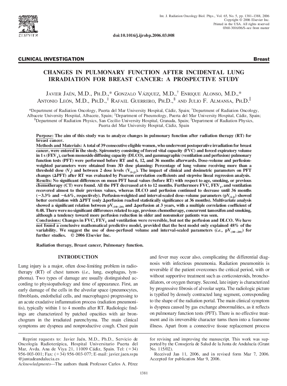 عکس صفحه اول مقاله: Changes in pulmonary function after incidental lung irradiation for breast cancer: A prospective study Changes in pulmonary function after incidental lung irradiation for breast cancer: A prospective study