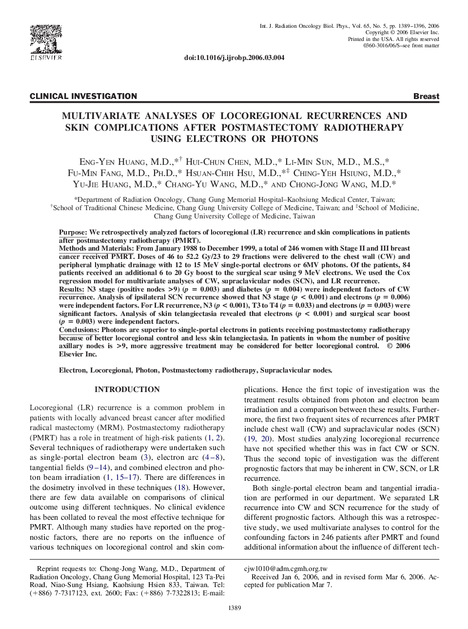 Multivariate analyses of locoregional recurrences and skin complications after postmastectomy radiotherapy using electrons or photons