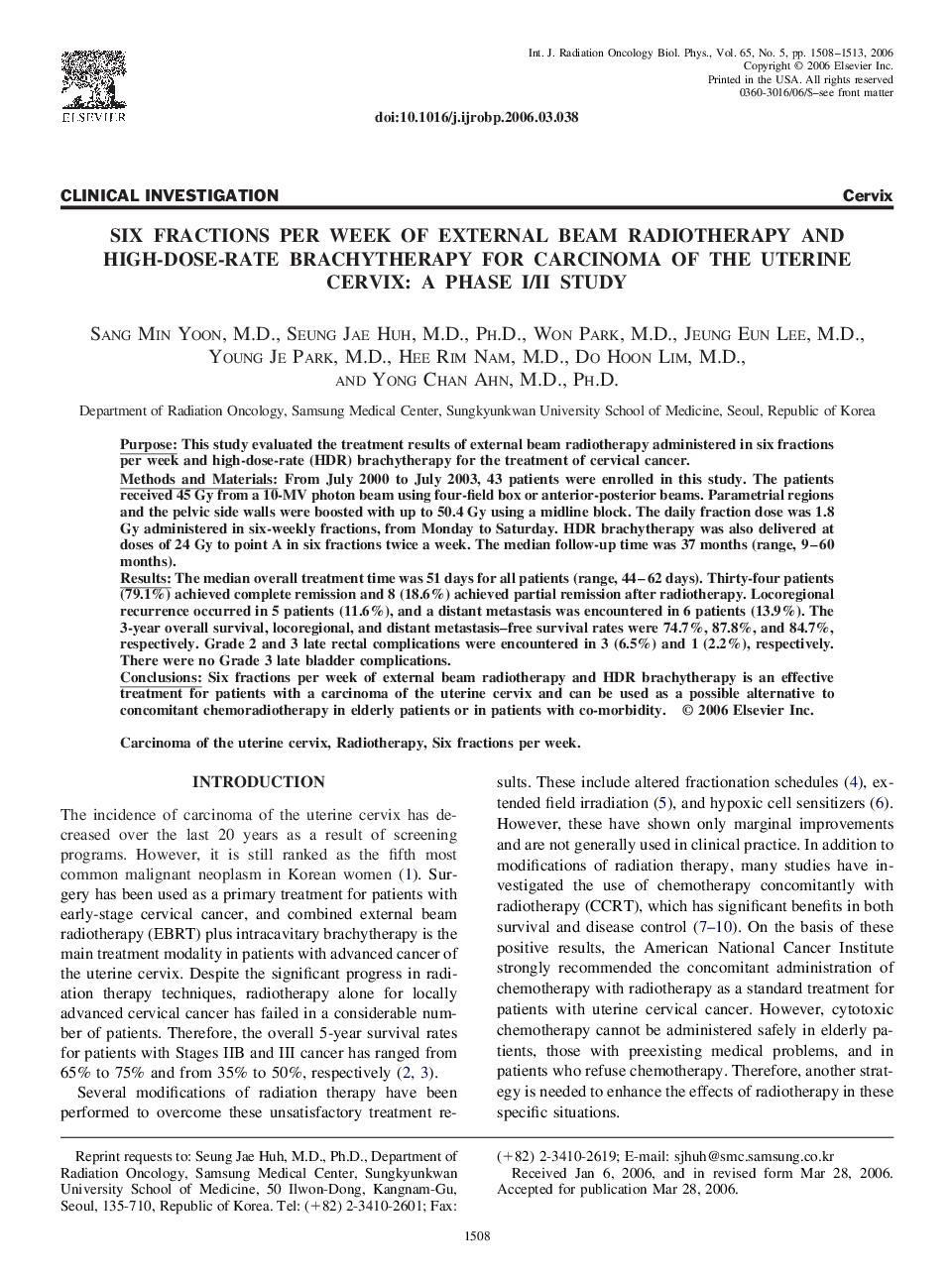 Six fractions per week of external beam radiotherapy and high-dose-rate brachytherapy for carcinoma of the uterine cervix: A phase I/II study