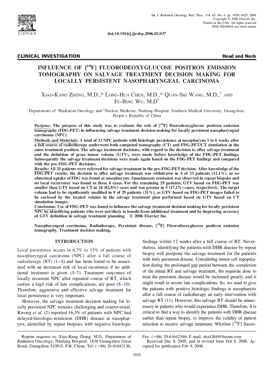 Influence of [18F] fluorodeoxyglucose positron emission tomography on salvage treatment decision making for locally persistent nasopharyngeal carcinoma