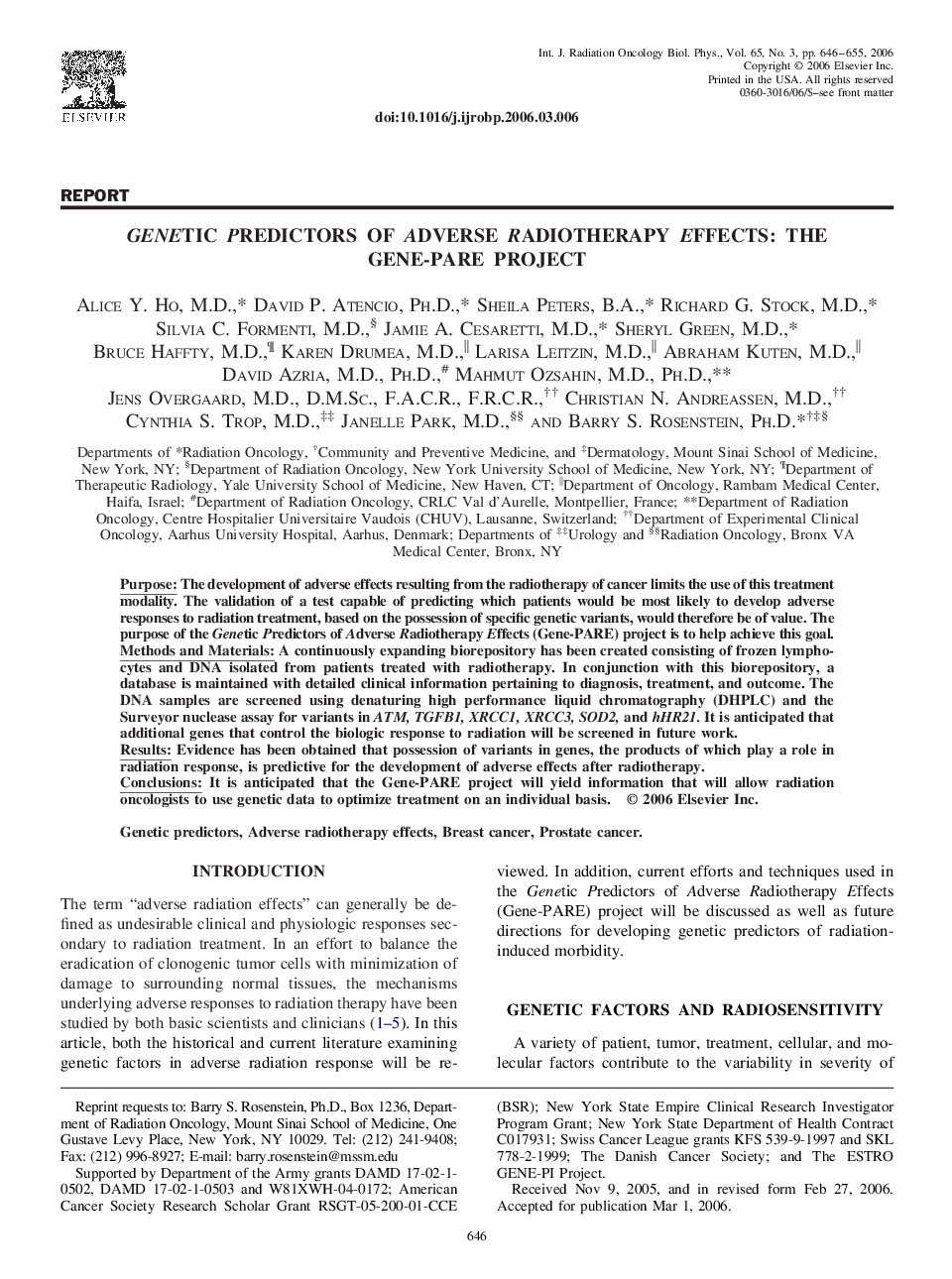 عکس صفحه اول مقاله: Genetic Predictors of Adverse Radiotherapy Effects: The Gene-PARE project Genetic Predictors of Adverse Radiotherapy Effects: The Gene-PARE project