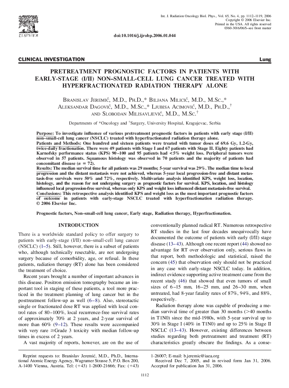 Pretreatment prognostic factors in patients with early-stage (I/II) non-small-cell lung cancer treated with hyperfractionated radiation therapy alone