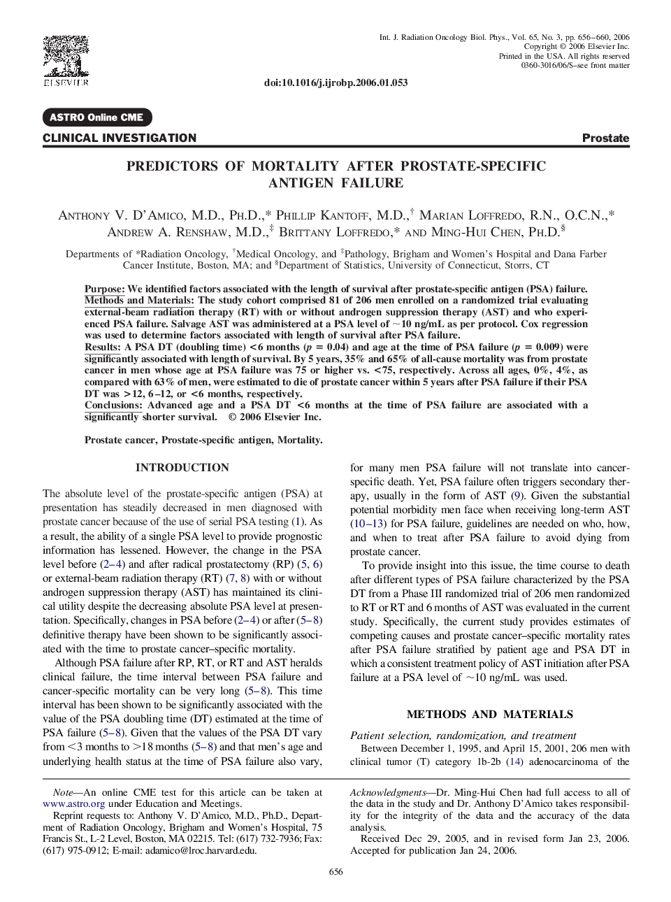 عکس صفحه اول مقاله: Predictors of mortality after prostate-specific antigen failure Predictors of mortality after prostate-specific antigen failure