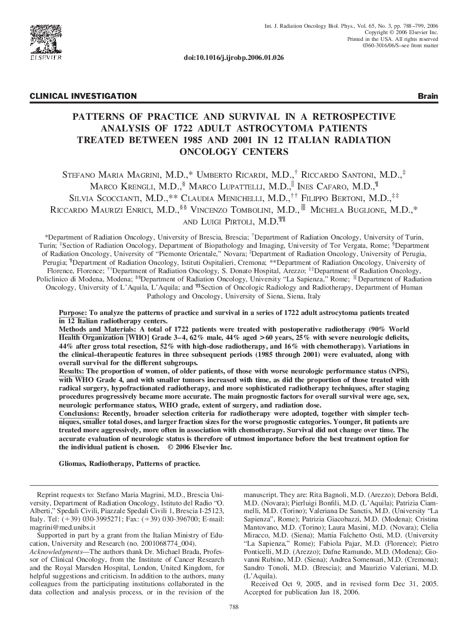 Patterns of practice and survival in a retrospective analysis of 1722 adult astrocytoma patients treated between 1985 and 2001 in 12 Italian radiation oncology centers