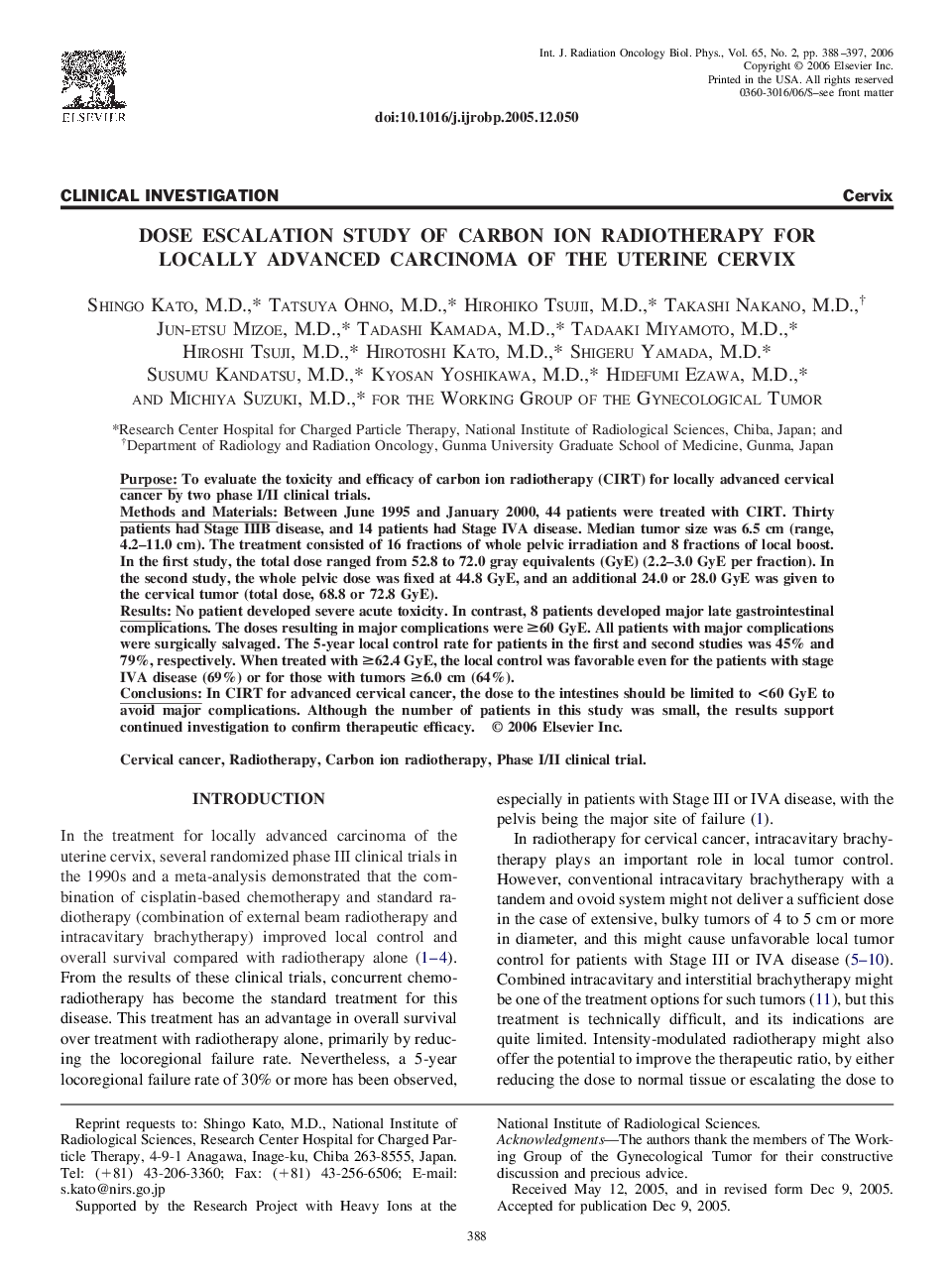 Dose escalation study of carbon ion radiotherapy for locally advanced carcinoma of the uterine cervix