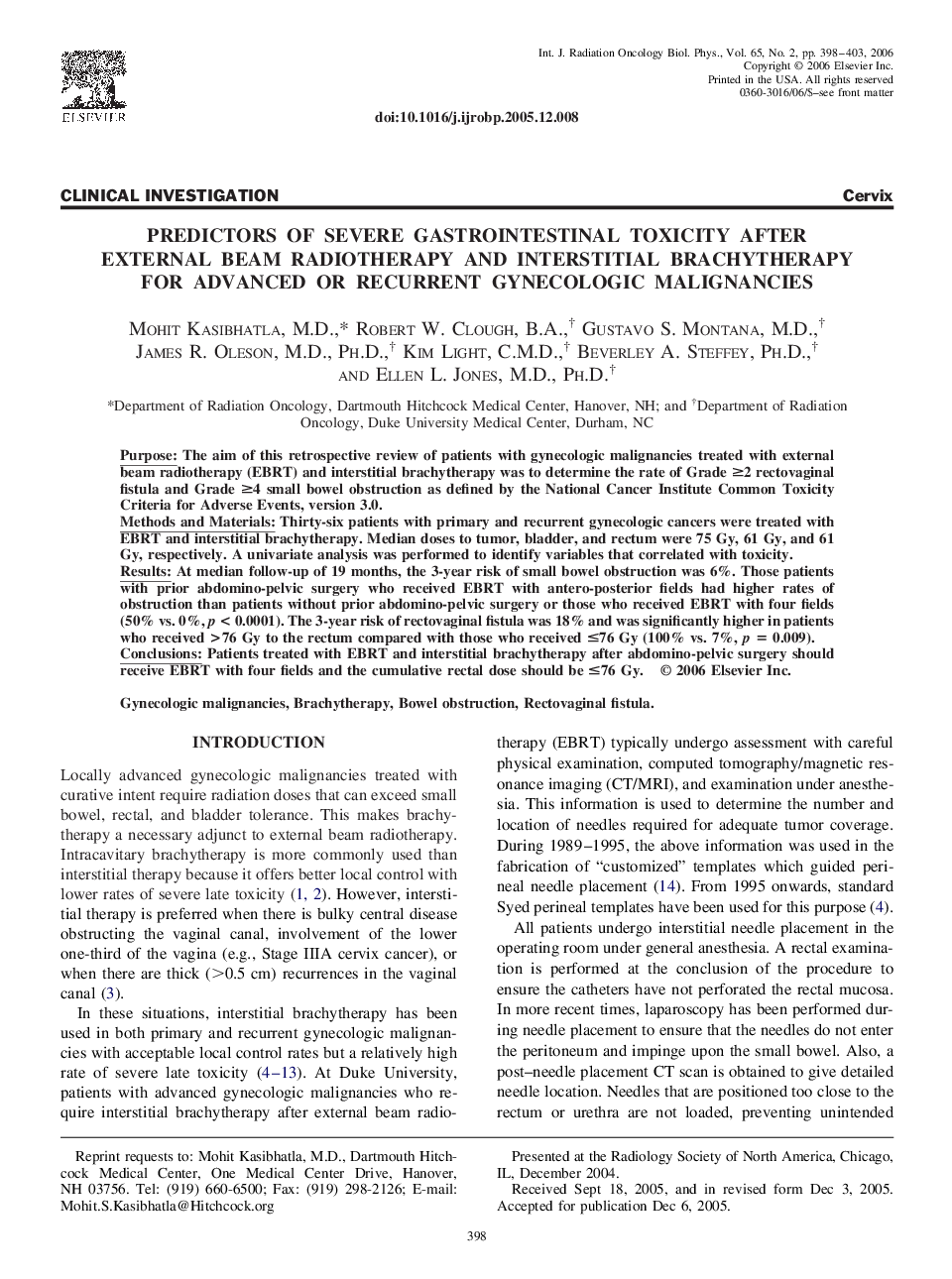 Predictors of severe gastrointestinal toxicity after external beam radiotherapy and interstitial brachytherapy for advanced or recurrent gynecologic malignancies