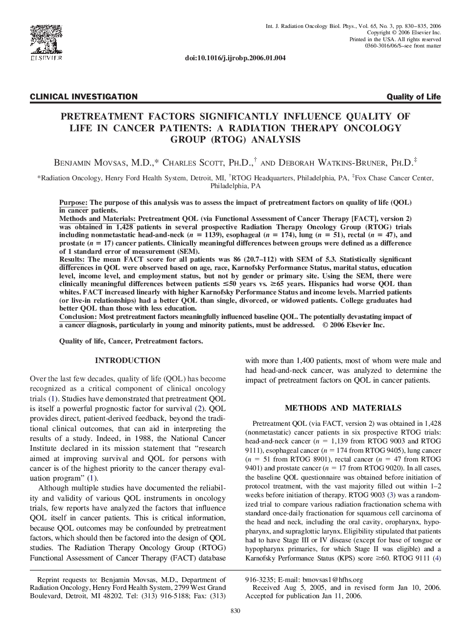 عکس صفحه اول مقاله: Pretreatment factors significantly influence quality of life in cancer patients: A Radiation Therapy Oncology Group (RTOG) analysis Pretreatment factors significantly influence quality of life in cancer patients: A Radiation Therapy Oncology Group (RTOG) analysis