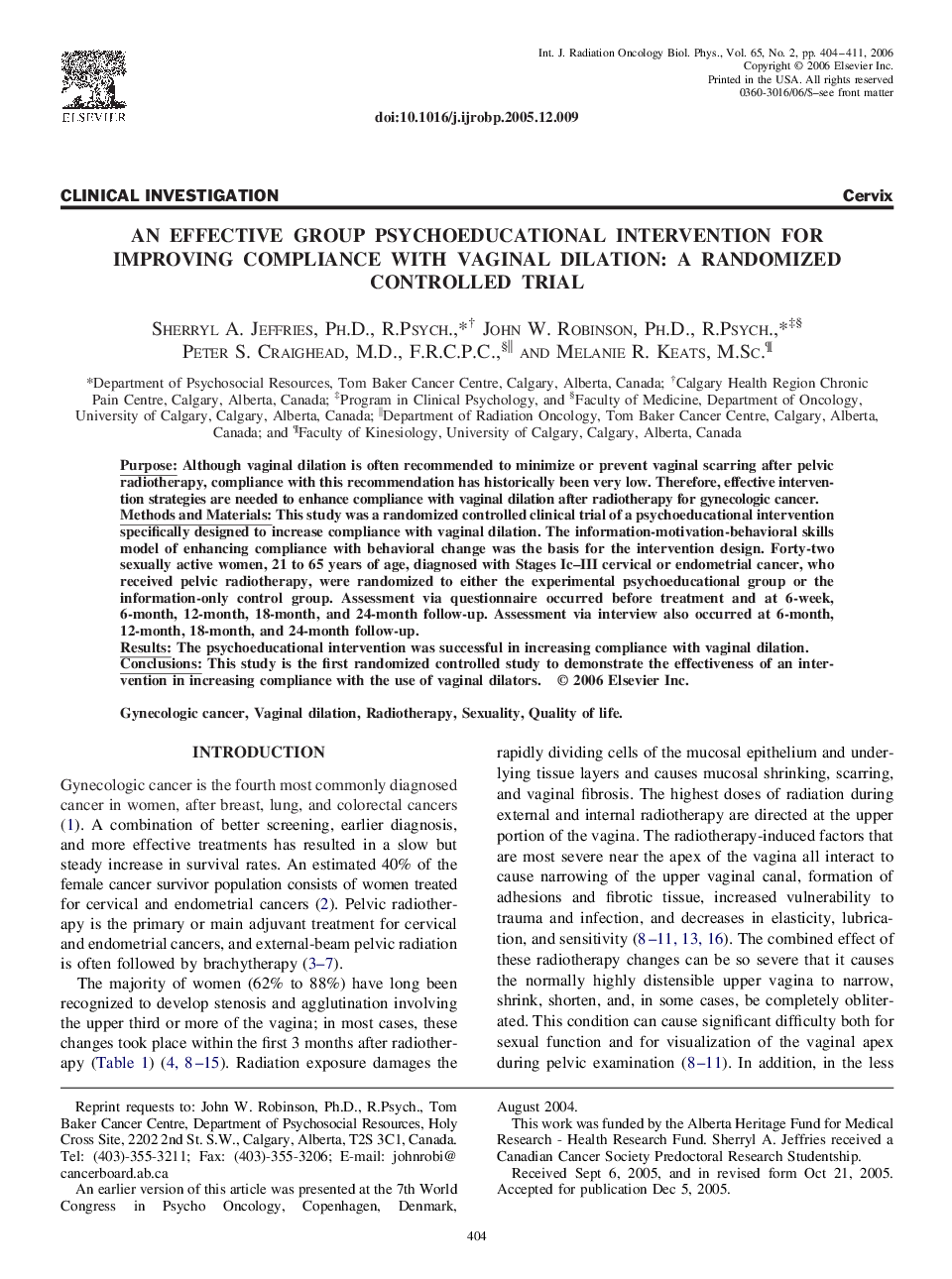 An effective group psychoeducational intervention for improving compliance with vaginal dilation: A randomized controlled trial