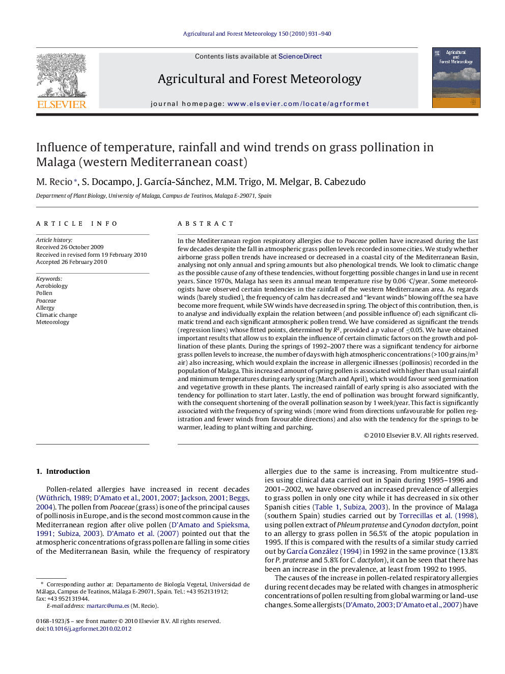 Influence of temperature, rainfall and wind trends on grass pollination in Malaga (western Mediterranean coast)