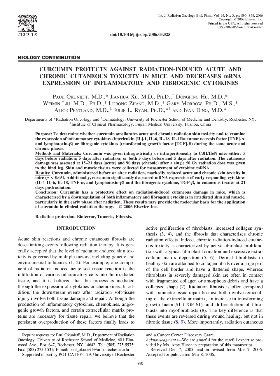 Curcumin protects against radiation-induced acute and chronic cutaneous toxicity in mice and decreases mRNA expression of inflammatory and fibrogenic cytokines