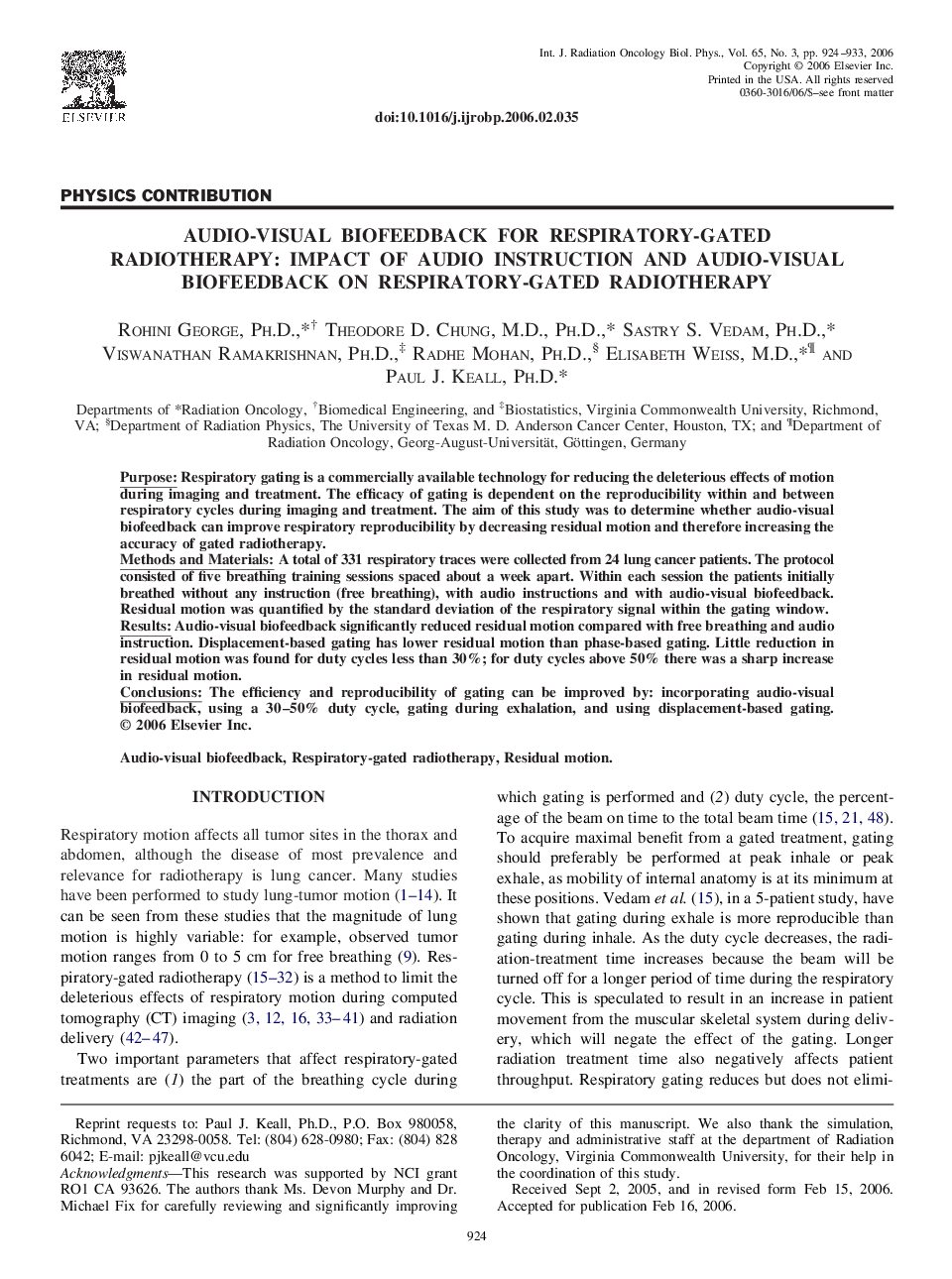 عکس صفحه اول مقاله: Audio-visual biofeedback for respiratory-gated radiotherapy: Impact of audio instruction and audio-visual biofeedback on respiratory-gated radiotherapy Audio-visual biofeedback for respiratory-gated radiotherapy: Impact of audio instruction and audio-visual biofeedback on respiratory-gated radiotherapy