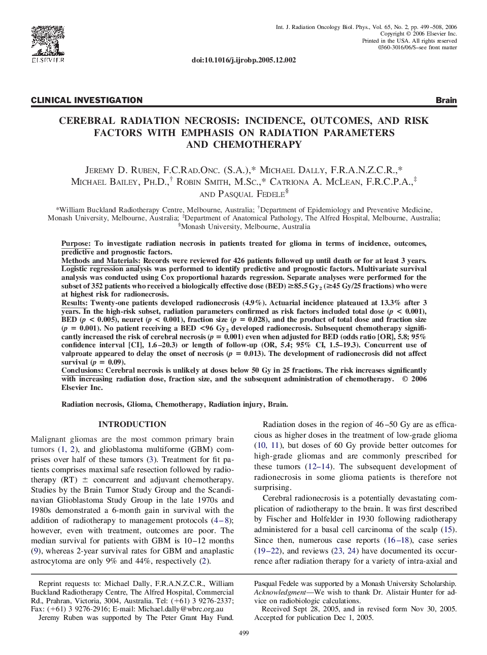 Cerebral radiation necrosis: Incidence, outcomes, and risk factors with emphasis on radiation parameters and chemotherapy