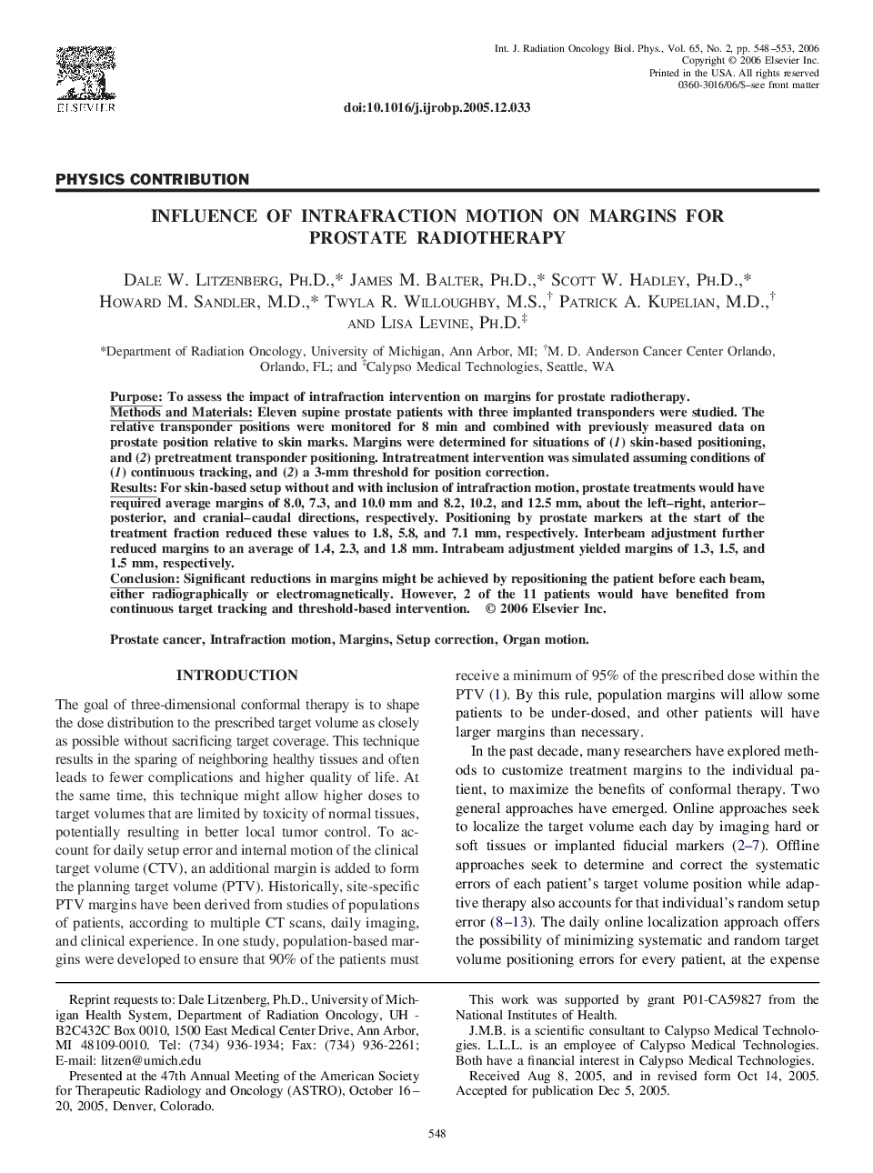 Influence of intrafraction motion on margins for prostate radiotherapy