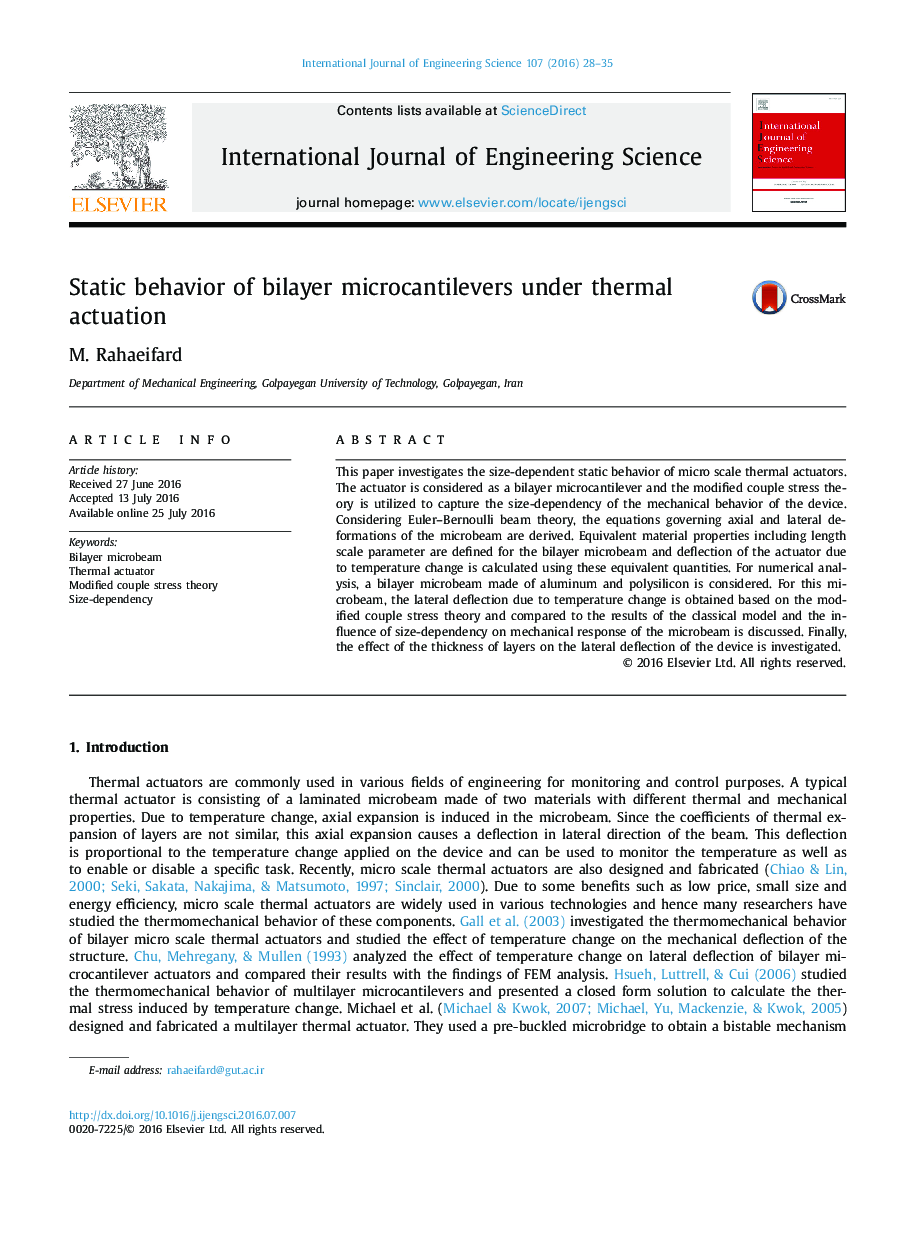 Static behavior of bilayer microcantilevers under thermal actuation