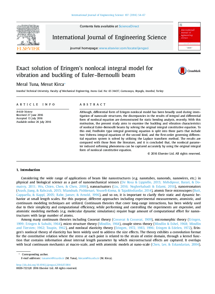 Exact solution of Eringen's nonlocal integral model for vibration and buckling of Euler-Bernoulli beam