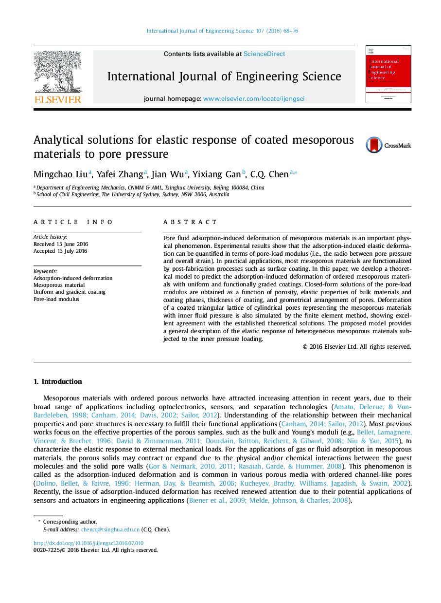 Analytical solutions for elastic response of coated mesoporous materials to pore pressure