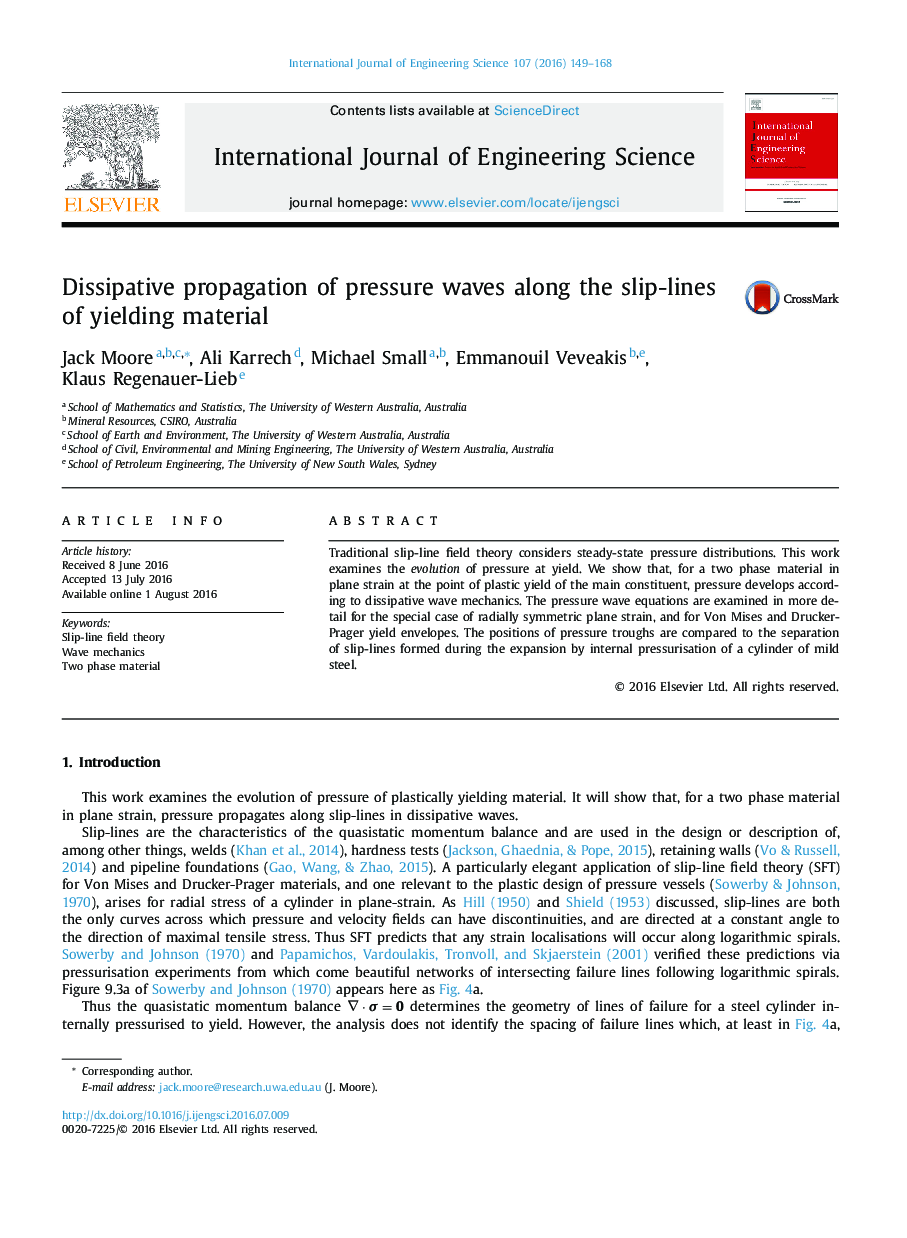 Dissipative propagation of pressure waves along the slip-lines of yielding material