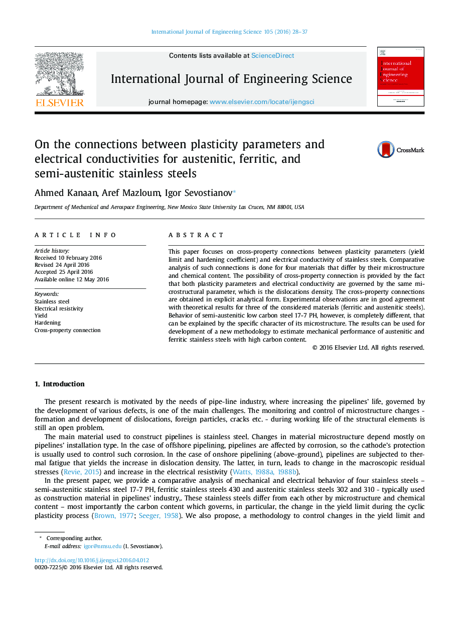 On the connections between plasticity parameters and electrical conductivities for austenitic, ferritic, and semi-austenitic stainless steels