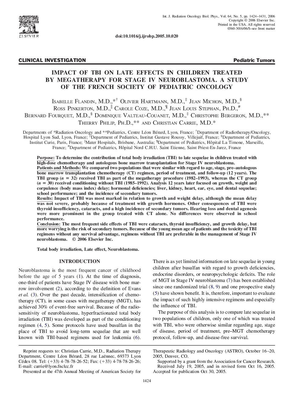 Impact of TBI on late effects in children treated by megatherapy for Stage IV neuroblastoma. A study of the French Society of Pediatric oncology