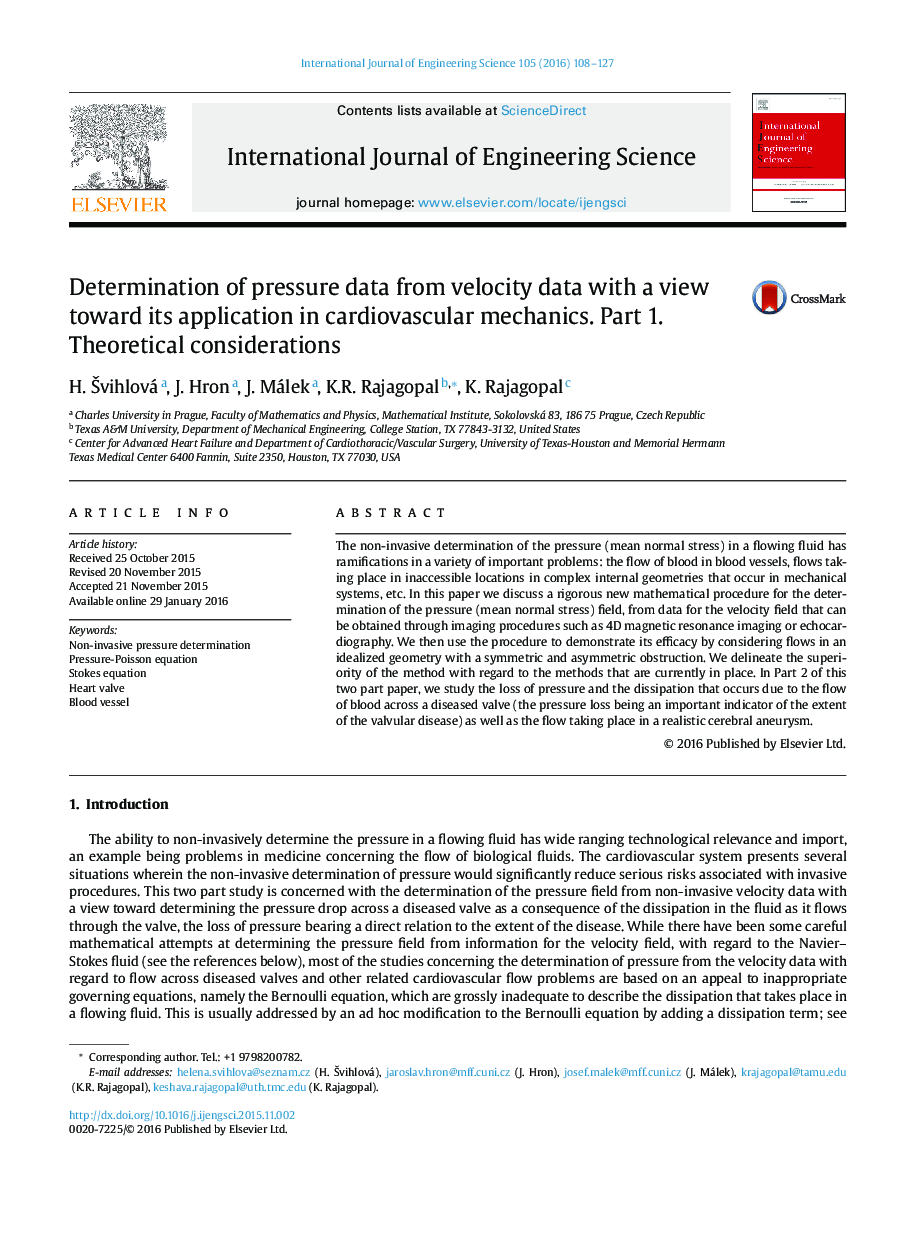 Determination of pressure data from velocity data with a view toward its application in cardiovascular mechanics. Part 1. Theoretical considerations