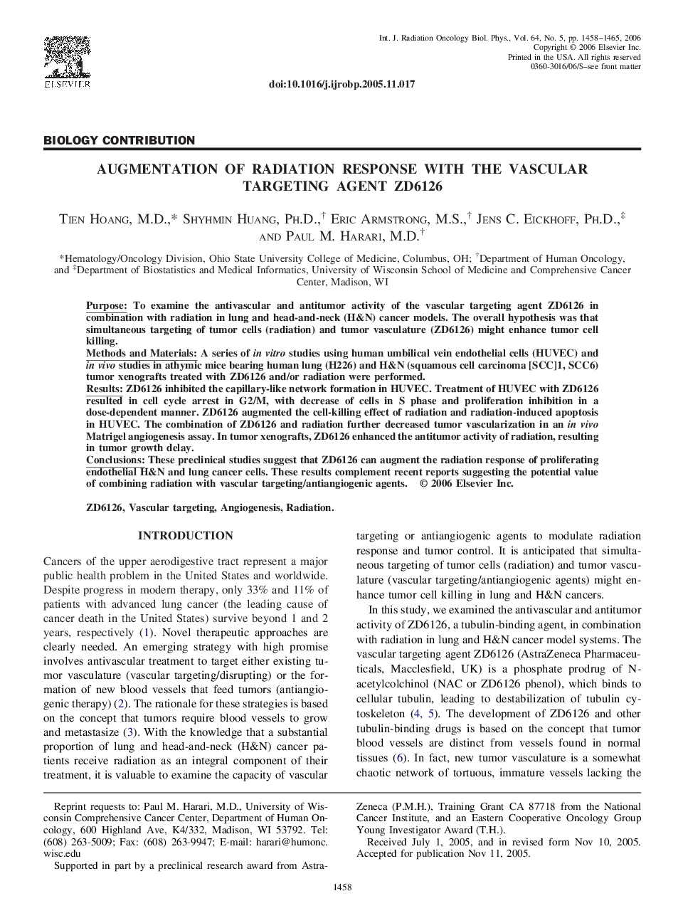 Augmentation of radiation response with the vascular targeting agent ZD6126