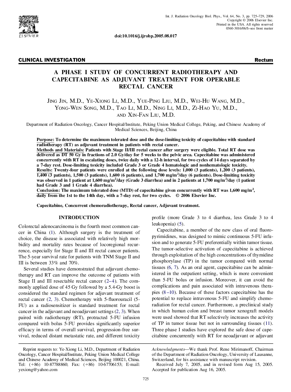 A phase I study of concurrent radiotherapy and capecitabine as adjuvant treatment for operable rectal cancer