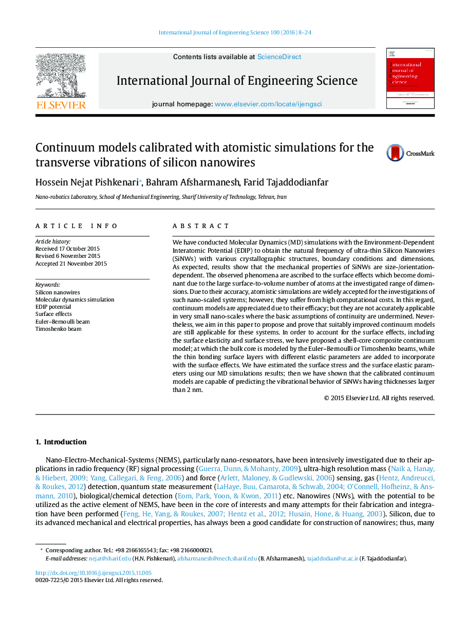 Continuum models calibrated with atomistic simulations for the transverse vibrations of silicon nanowires
