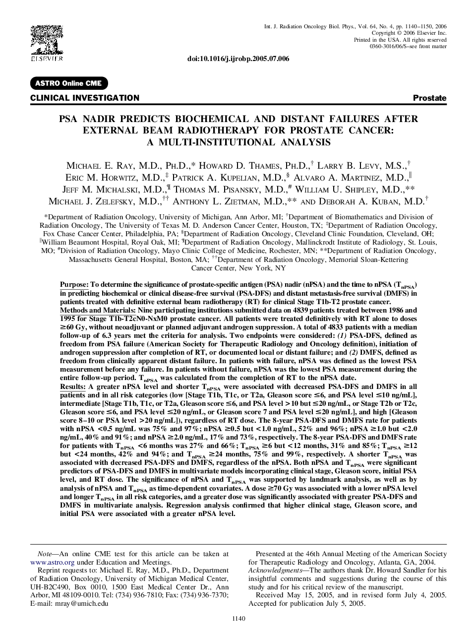 PSA nadir predicts biochemical and distant failures after external beam radiotherapy for prostate cancer: A multi-institutional analysis