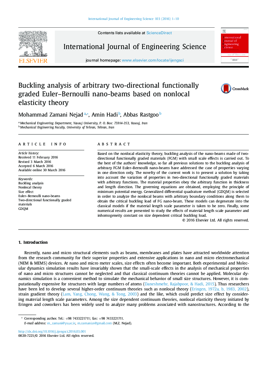 Buckling analysis of arbitrary two-directional functionally graded Euler–Bernoulli nano-beams based on nonlocal elasticity theory