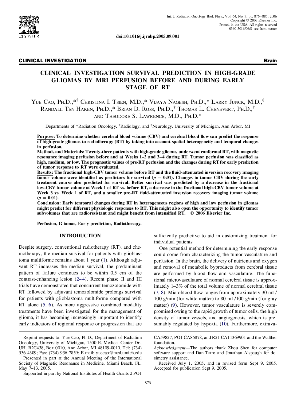 Clinical investigation survival prediction in high-grade gliomas by MRI perfusion before and during early stage of RT